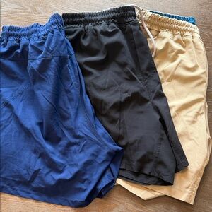 Three-Pack Men's Athletic Shorts in Blue, Black & Khaki